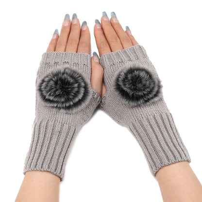 Autumn And Winter Women Fingerless Fur Ball Gloves Knitted Wool Warm Sleeves, Black, White, Dark Gray, Light Grey, Coffee, Wine Red, Khaki, Cream Color
