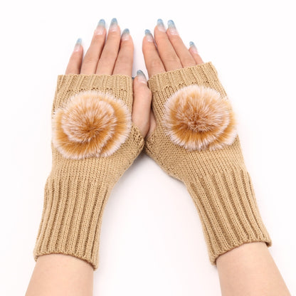 Autumn And Winter Women Fingerless Fur Ball Gloves Knitted Wool Warm Sleeves, Black, White, Dark Gray, Light Grey, Coffee, Wine Red, Khaki, Cream Color