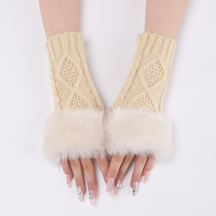 Ladies Short Type Furry Gloves Diamond Knit Warm Fingerless Arm Sleeves, Beige, Dark Gray, Light Grey, White, Black, Wine Red, Tibetan, Coffee, Khaki
