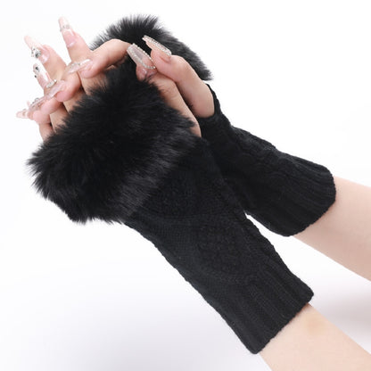 Ladies Short Type Furry Gloves Diamond Knit Warm Fingerless Arm Sleeves, Beige, Dark Gray, Light Grey, White, Black, Wine Red, Tibetan, Coffee, Khaki