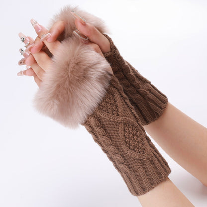 Ladies Short Type Furry Gloves Diamond Knit Warm Fingerless Arm Sleeves, Beige, Dark Gray, Light Grey, White, Black, Wine Red, Tibetan, Coffee, Khaki