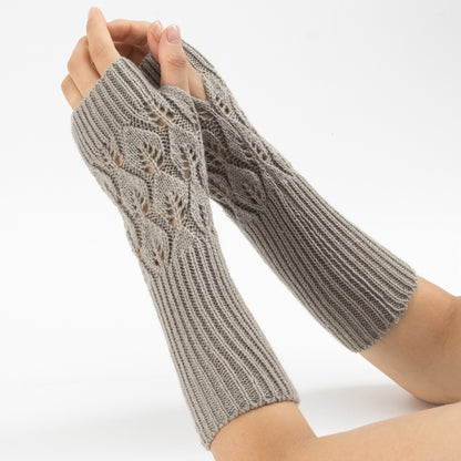 Winter Men and Women Knitted Jacquard Leaves Cycling Warm Fingerless Wool Gloves, Purple, Black, White, Jujube, Shallow Gray, Coffee, Deep Gray