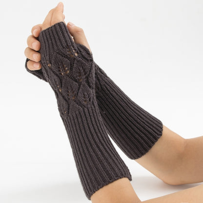 Winter Men and Women Knitted Jacquard Leaves Cycling Warm Fingerless Wool Gloves, Purple, Black, White, Jujube, Shallow Gray, Coffee, Deep Gray