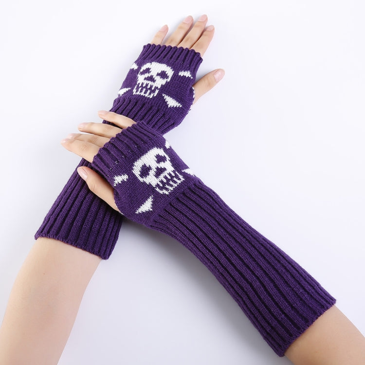 Jacquard Skull Fingerless Warm Gloves Knit Ski Gloves, Purple, Black, White, Deep Gray, Shallow Gray
