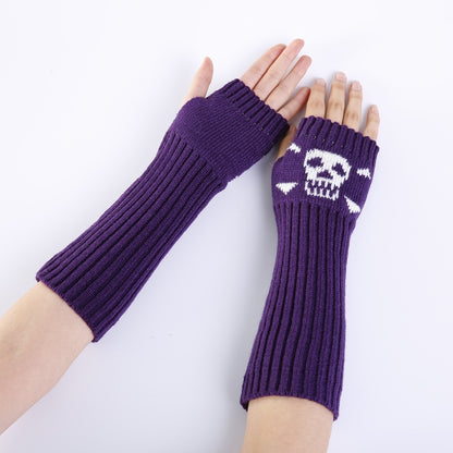 Jacquard Skull Fingerless Warm Gloves Knit Ski Gloves, Purple, Black, White, Deep Gray, Shallow Gray