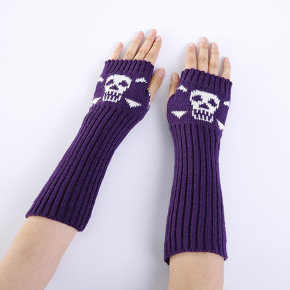 Jacquard Skull Fingerless Warm Gloves Knit Ski Gloves, Purple, Black, White, Deep Gray, Shallow Gray