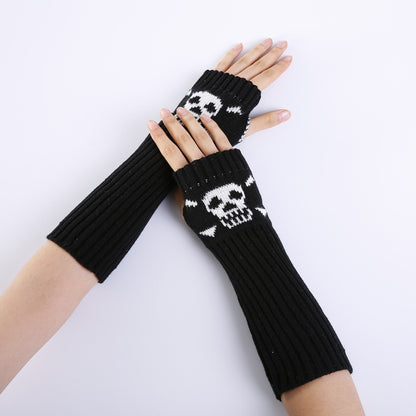 Jacquard Skull Fingerless Warm Gloves Knit Ski Gloves, Purple, Black, White, Deep Gray, Shallow Gray