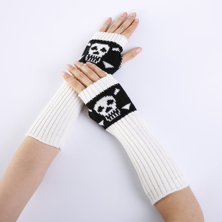 Jacquard Skull Fingerless Warm Gloves Knit Ski Gloves, Purple, Black, White, Deep Gray, Shallow Gray