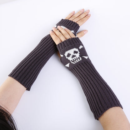Jacquard Skull Fingerless Warm Gloves Knit Ski Gloves, Purple, Black, White, Deep Gray, Shallow Gray