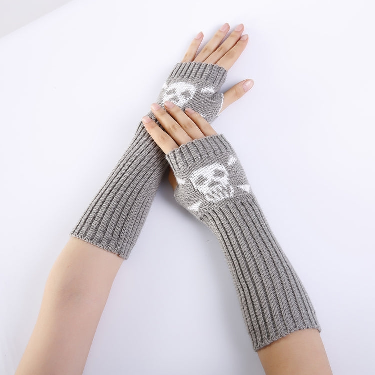 Jacquard Skull Fingerless Warm Gloves Knit Ski Gloves, Purple, Black, White, Deep Gray, Shallow Gray