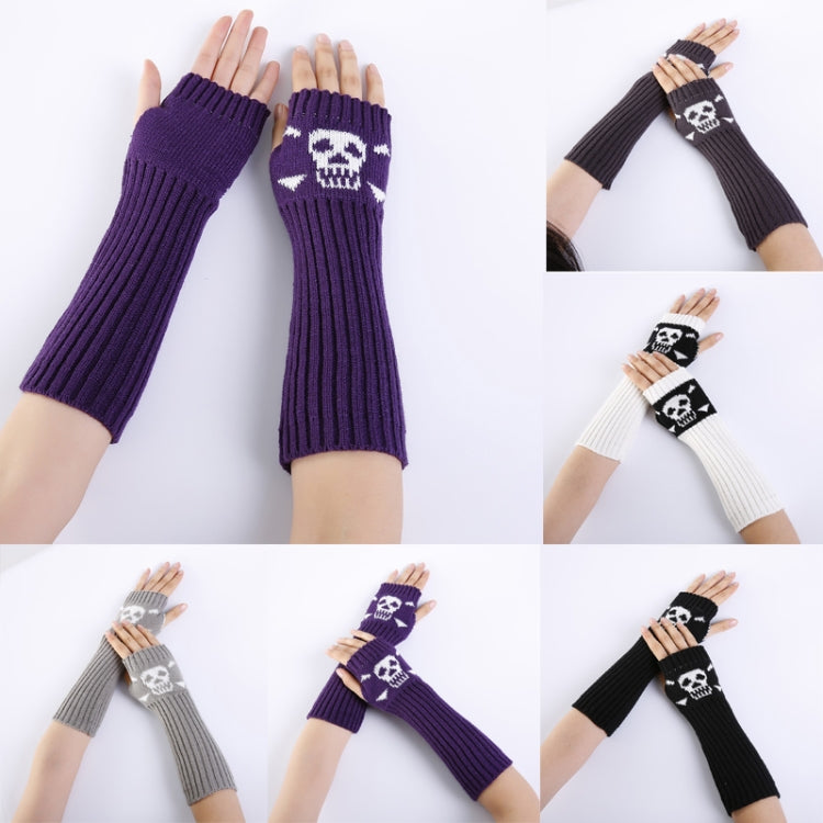 Jacquard Skull Fingerless Warm Gloves Knit Ski Gloves, Purple, Black, White, Deep Gray, Shallow Gray