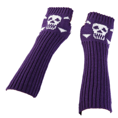Jacquard Skull Fingerless Warm Gloves Knit Ski Gloves, Purple, Black, White, Deep Gray, Shallow Gray