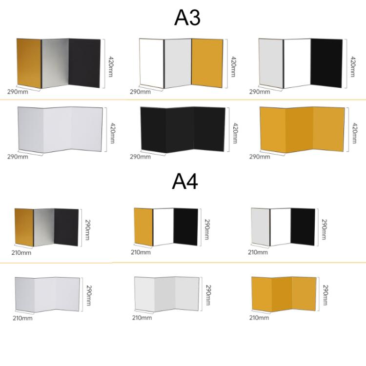 Tri-Fold Photography Cardstock Reflector Props, A3 One Side All White, A3 One Side All Black, A4 One Side All White, A4 One Side All Silver, A4 One Side All Gold