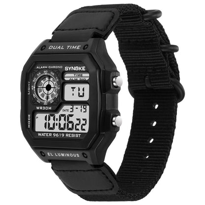 SYNOKE 9619C Nylon Canvas Strap Three-Ring Buckle Vintage Electronic Luminous Watch