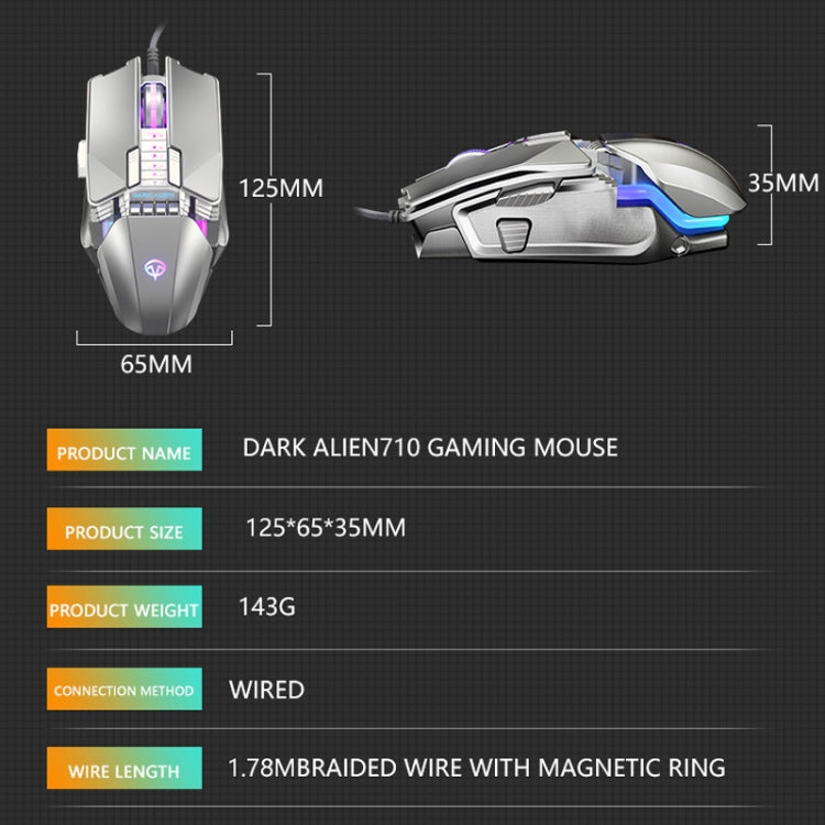 Dark Alien V710 7 Keys Metal Office Wired Glowing Mouse, Cable Length: 1.78m