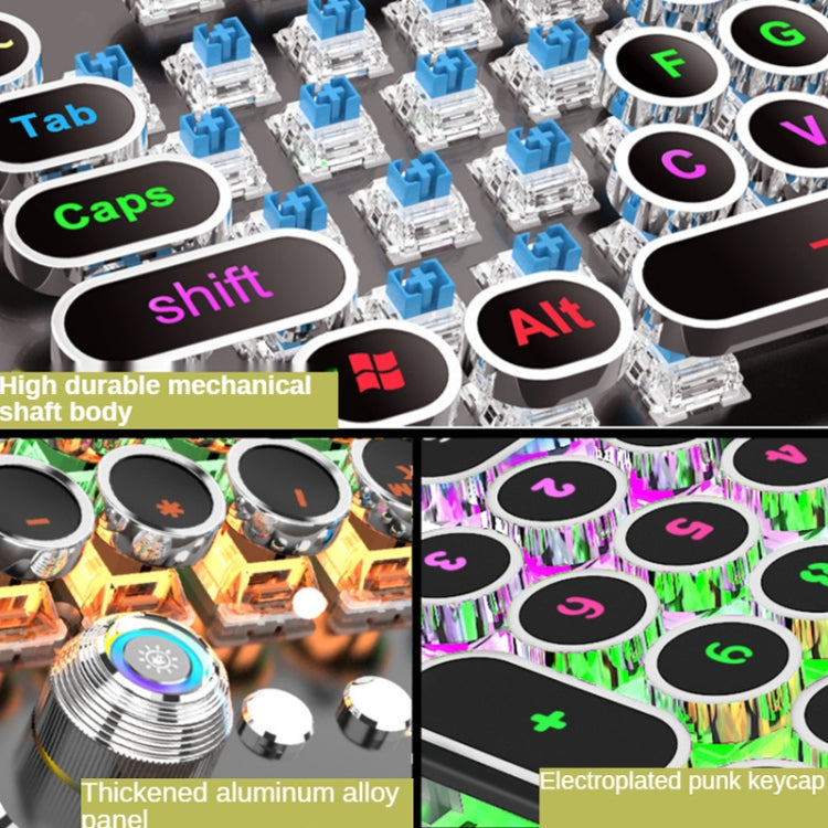 K820 104 Keys Retro Punk Plating Knob Glowing Wired Green Shaft Keyboard, Cable Length: 1.6m, Style:, Running Lights (Black), Running Lights (White), White Light (Blue), Square (Black)