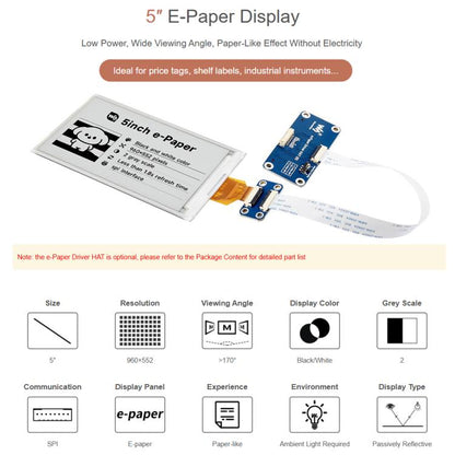 Waveshare 5inch E-Paper Display 960×552 Resolution, SPI Interface Compatible With Raspberry Pi GPIO, Display Only