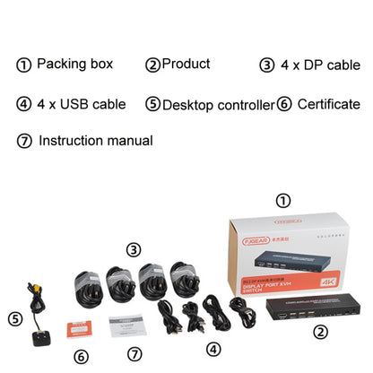 FJGEAR FJ-DK401 60HZ 4 Ports DP+USB To KVM Switcher With Desktop Controller, FJ-DK401