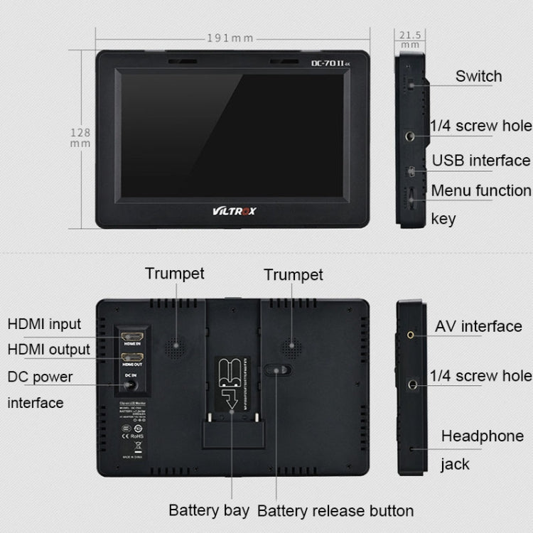 VILTROX DC-70II 7 Inch 4K HD Camera Director Monitor Film Camera Video Monitor, VILTROX DC-70II