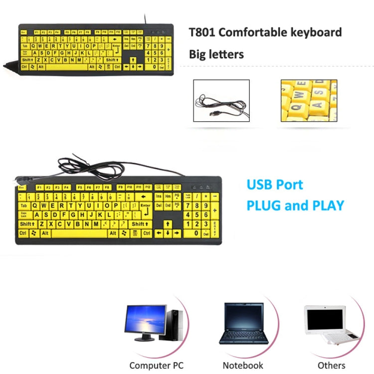 T801 104 Keys Special People Children Old Man Big Letters USB Wired Keyboard, Cable Length: 1.38m, T801 Yellow