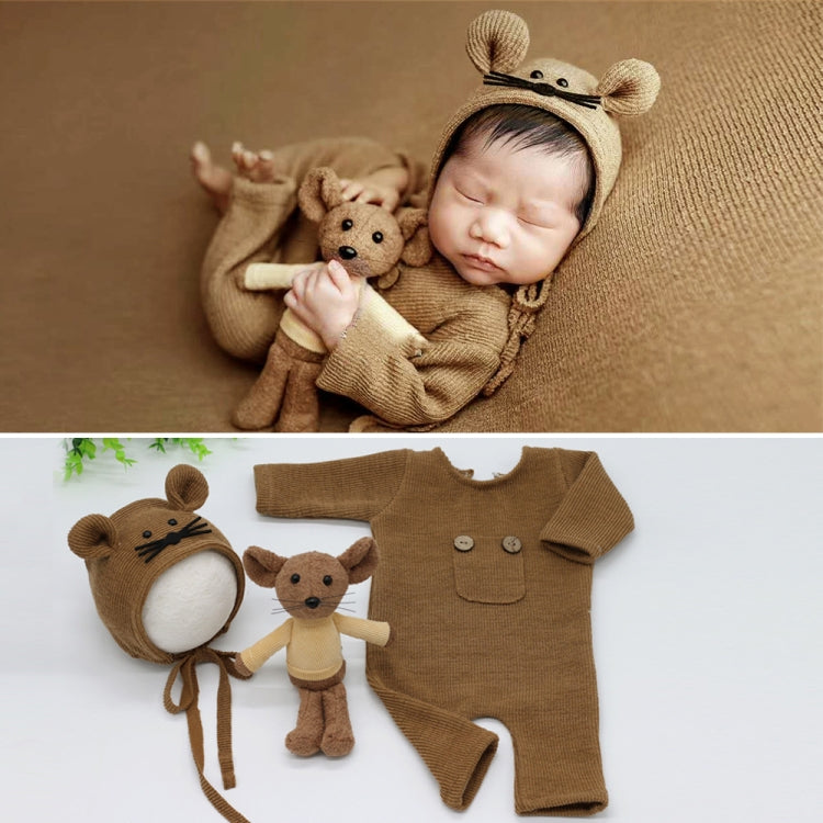 Newborn Photography Clothing Baby Knitted Jumpsuit + Hat + Mouse Doll Three-Piece Set, Mouse Doll Set (Grey), Mouse Doll Set (Brown)