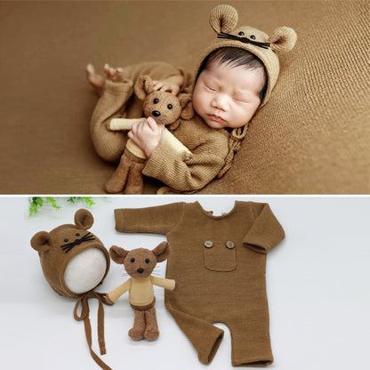 Newborn Photography Clothing Baby Knitted Jumpsuit + Hat + Mouse Doll Three-Piece Set, Mouse Doll Set (Grey), Mouse Doll Set (Brown)