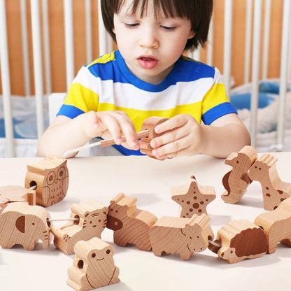 Children Animal String Beads Wood Wearing Rope Early Education Building Block, Animal String Beads