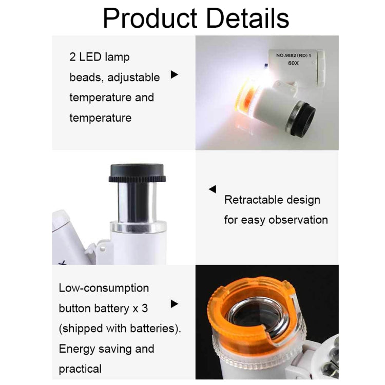 9882(RD) 60X Mini HD Banknote Detection Optical Microscope with LED Light, Color:, Silver, White, Black