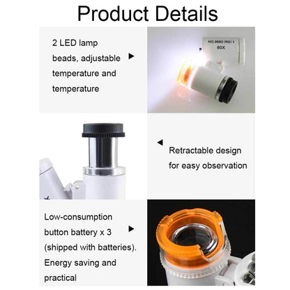 9882(RD) 60X Mini HD Banknote Detection Optical Microscope with LED Light, Color:, Silver, White, Black