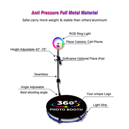 RGB Fill Light Photo Booth Turning Led Camera Photo Spin Stand With Flight Case, 68cm, 100cm