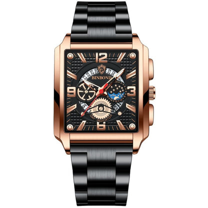 BINBONG B6575 Men Vintage Square Multifunctional Waterproof Luminous Quartz Watch, Black-Rose Gold-Black-Rose, Black-Black-Black-White, Black-Black-Black-Rose, Full Gold-Black, White-Black, Brown Leather-Rose Gold-Black, Black Leather-Rose Gold-Black