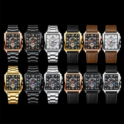 BINBONG B6575 Men Vintage Square Multifunctional Waterproof Luminous Quartz Watch, Black-Rose Gold-Black-Rose, Black-Black-Black-White, Black-Black-Black-Rose, Full Gold-Black, White-Black, Brown Leather-Rose Gold-Black, Black Leather-Rose Gold-Black