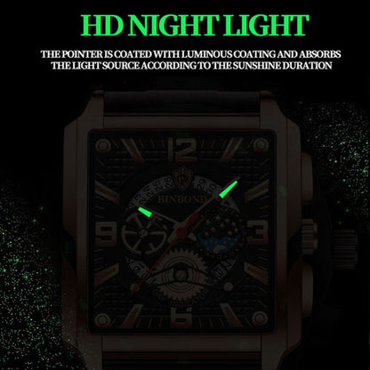 BINBONG B6575 Men Vintage Square Multifunctional Waterproof Luminous Quartz Watch, Black-Rose Gold-Black-Rose, Black-Black-Black-White, Black-Black-Black-Rose, Full Gold-Black, White-Black, Brown Leather-Rose Gold-Black, Black Leather-Rose Gold-Black
