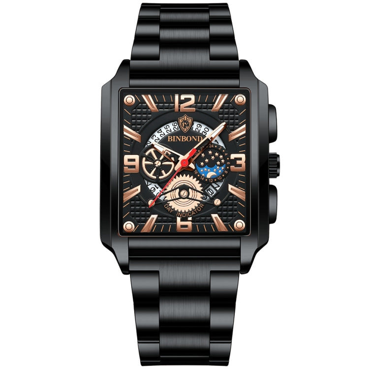 BINBONG B6575 Men Vintage Square Multifunctional Waterproof Luminous Quartz Watch, Black-Rose Gold-Black-Rose, Black-Black-Black-White, Black-Black-Black-Rose, Full Gold-Black, White-Black, Brown Leather-Rose Gold-Black, Black Leather-Rose Gold-Black