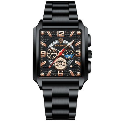 BINBONG B6575 Men Vintage Square Multifunctional Waterproof Luminous Quartz Watch, Black-Rose Gold-Black-Rose, Black-Black-Black-White, Black-Black-Black-Rose, Full Gold-Black, White-Black, Brown Leather-Rose Gold-Black, Black Leather-Rose Gold-Black
