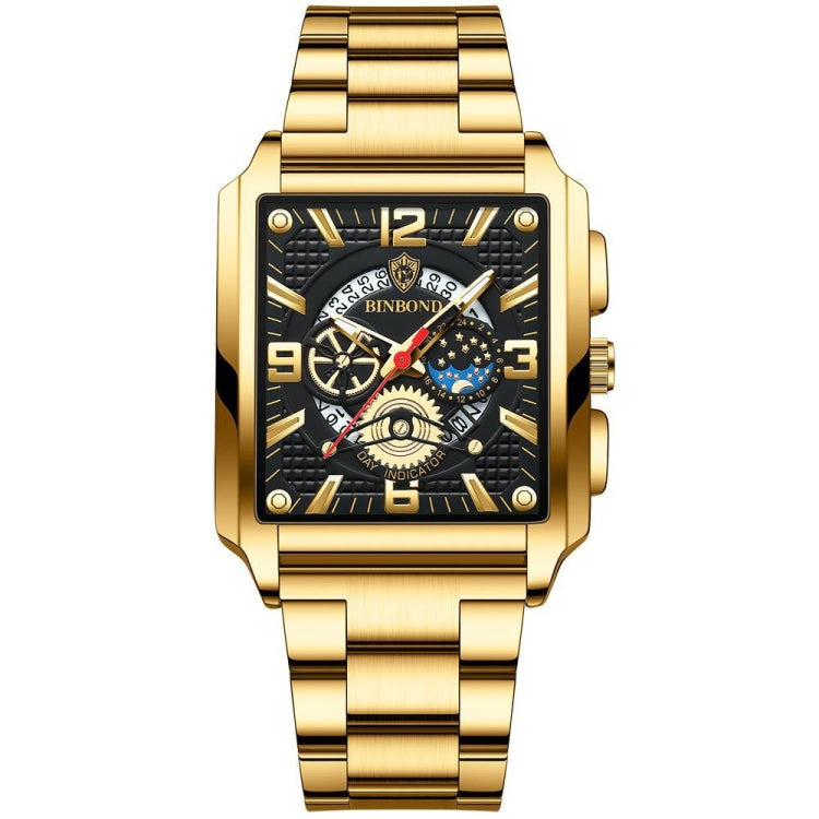 BINBONG B6575 Men Vintage Square Multifunctional Waterproof Luminous Quartz Watch, Black-Rose Gold-Black-Rose, Black-Black-Black-White, Black-Black-Black-Rose, Full Gold-Black, White-Black, Brown Leather-Rose Gold-Black, Black Leather-Rose Gold-Black