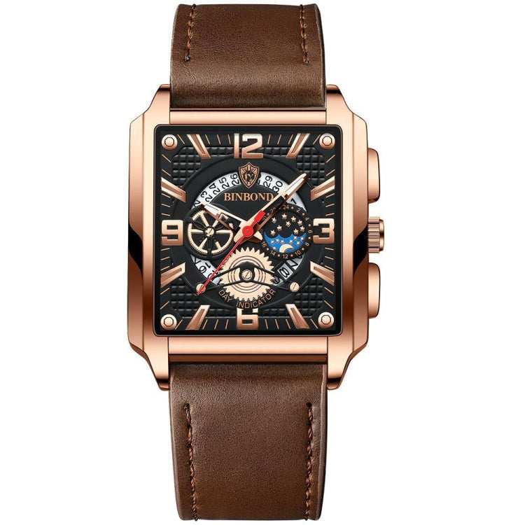 BINBONG B6575 Men Vintage Square Multifunctional Waterproof Luminous Quartz Watch, Black-Rose Gold-Black-Rose, Black-Black-Black-White, Black-Black-Black-Rose, Full Gold-Black, White-Black, Brown Leather-Rose Gold-Black, Black Leather-Rose Gold-Black