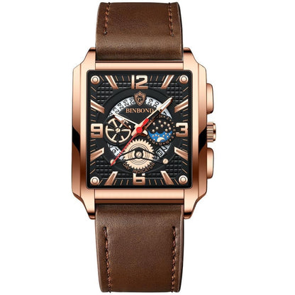BINBONG B6575 Men Vintage Square Multifunctional Waterproof Luminous Quartz Watch, Black-Rose Gold-Black-Rose, Black-Black-Black-White, Black-Black-Black-Rose, Full Gold-Black, White-Black, Brown Leather-Rose Gold-Black, Black Leather-Rose Gold-Black