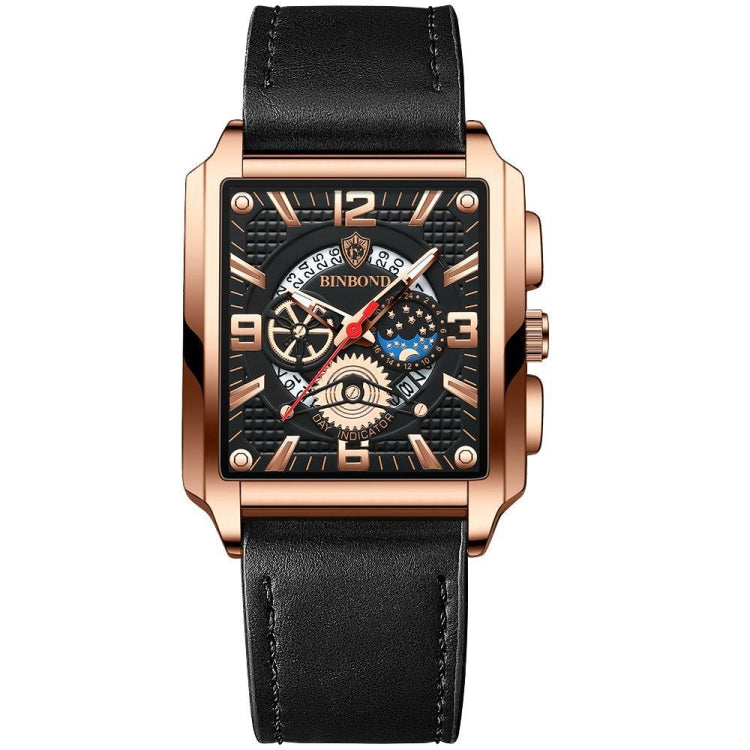 BINBONG B6575 Men Vintage Square Multifunctional Waterproof Luminous Quartz Watch, Black-Rose Gold-Black-Rose, Black-Black-Black-White, Black-Black-Black-Rose, Full Gold-Black, White-Black, Brown Leather-Rose Gold-Black, Black Leather-Rose Gold-Black