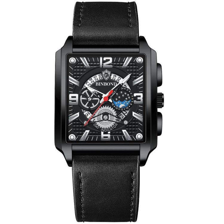 BINBONG B6575 Men Vintage Square Multifunctional Waterproof Luminous Quartz Watch, Black-Rose Gold-Black-Rose, Black-Black-Black-White, Black-Black-Black-Rose, Full Gold-Black, White-Black, Brown Leather-Rose Gold-Black, Black Leather-Rose Gold-Black
