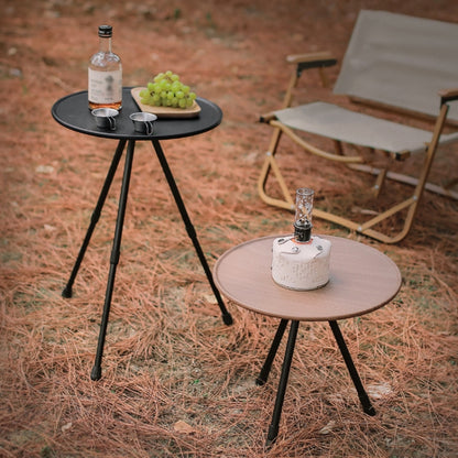 Outdoor Aluminum Alloy Folding Small Round Table Portable Liftable Camping Table, Black, Wood Color