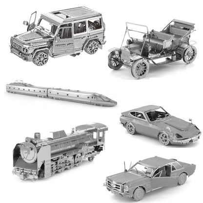 3D Three-dimensional Metal Car Assembly Model DIY Puzzles Toy, 1908 T-shaped Cars, 1965 Mustang, Kart, BZS G500, Cable Car, Taxi, Fire Truck, Bullet Train, Nissans Coupe, D51 Train Head, KMK F450, Sportcar, Half-track Motorcycle, Rocket Launcher