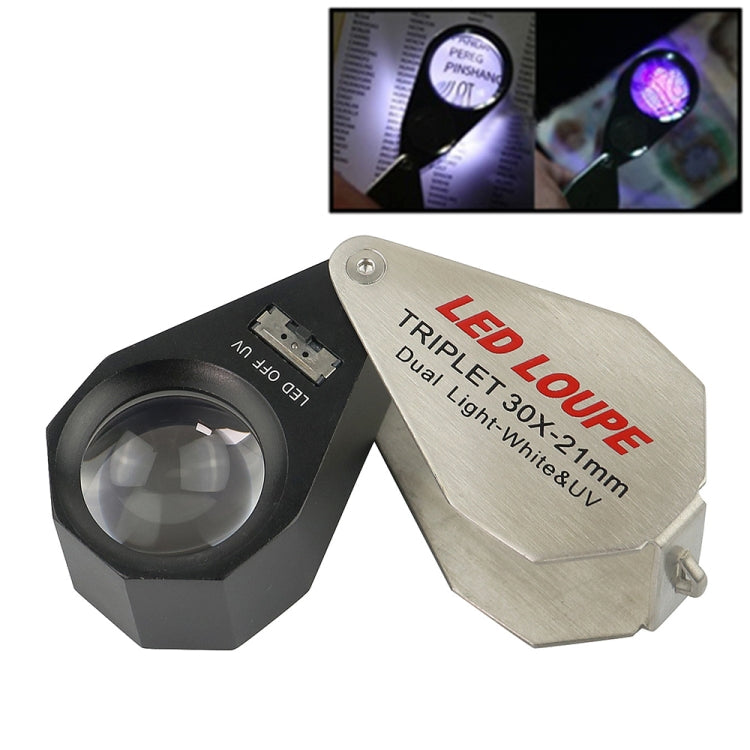 MG7802 10X 6LEDs + 7UV Lamps Jewelry Appreciation Magnifying Glass, Round 30X, Diamond 30X