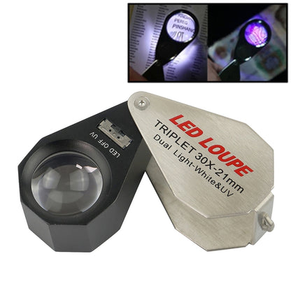 MG7802 10X 6LEDs + 7UV Lamps Jewelry Appreciation Magnifying Glass, Round 30X, Diamond 30X