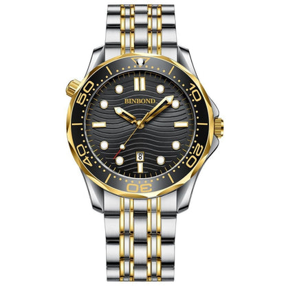 BINBOND B2820 Luminous 30m Waterproof Men Sports Quartz Watch, Inter-gold Black Surface, Inter-gold Blue Surface, Blue Silicon White Steel Blue