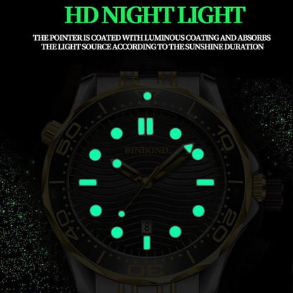 BINBOND B2820 Luminous 30m Waterproof Men Sports Quartz Watch, Inter-gold Black Surface, Inter-gold Blue Surface, Blue Silicon White Steel Blue