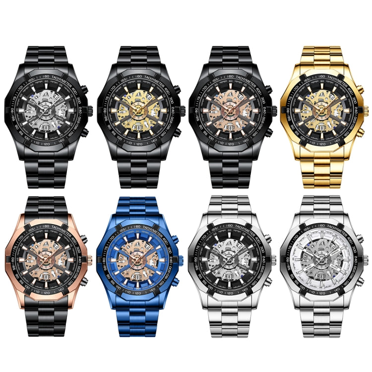BINBOND S033 Hollowed Mechanical 30m Waterproof Luminous Quartz Watch, Black Steel-Black-Gold, Black Steel-Black-Rose Gold, Full Gold-Black-Gold