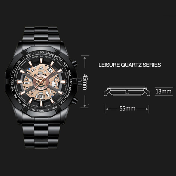 BINBOND S033 Hollowed Mechanical 30m Waterproof Luminous Quartz Watch, Black Steel-Black-Gold, Black Steel-Black-Rose Gold, Full Gold-Black-Gold