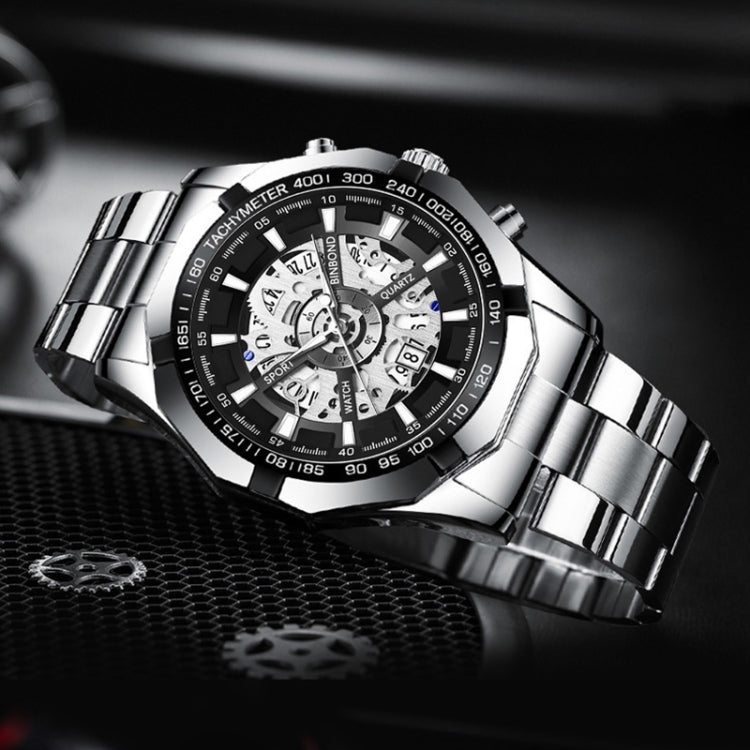 BINBOND S033 Hollowed Mechanical 30m Waterproof Luminous Quartz Watch, Black Steel-Black-Gold, Black Steel-Black-Rose Gold, Full Gold-Black-Gold