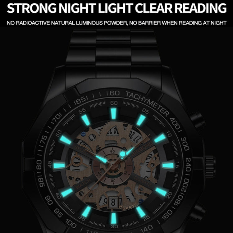 BINBOND S033 Hollowed Mechanical 30m Waterproof Luminous Quartz Watch, Black Steel-Black-Gold, Black Steel-Black-Rose Gold, Full Gold-Black-Gold